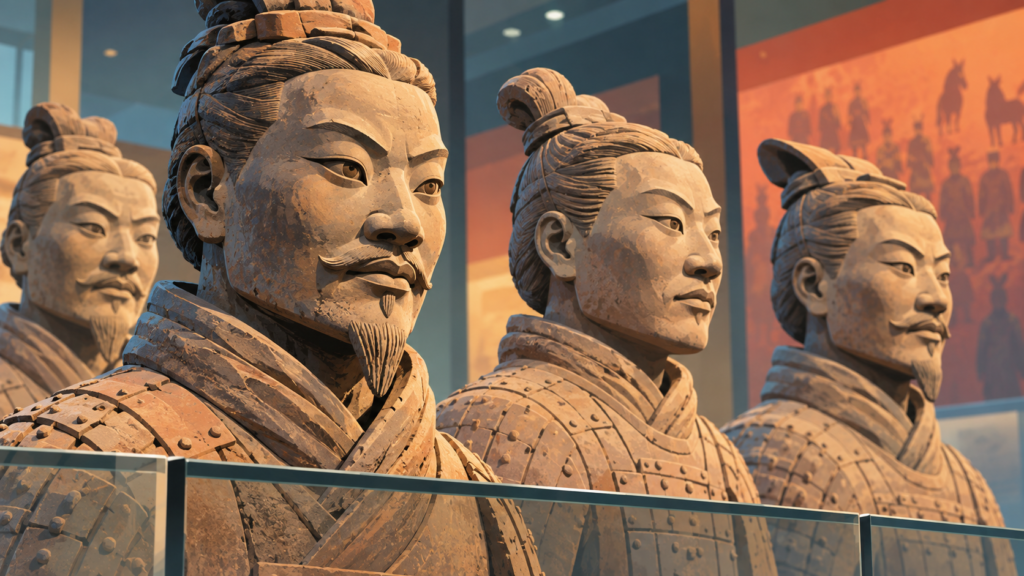 Illustration of distinct terracotta warrior faces behind a display barrier