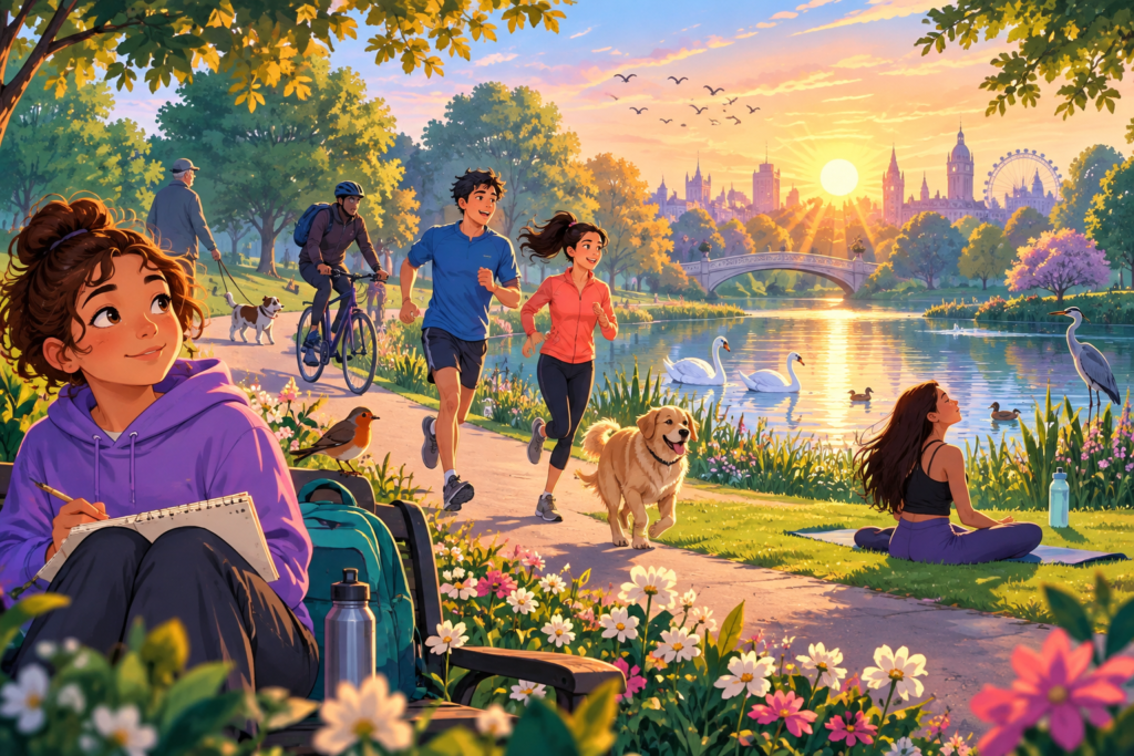Editorial artwork for “Who uses a park before breakfast?”: respectful group park scene with varied activities.