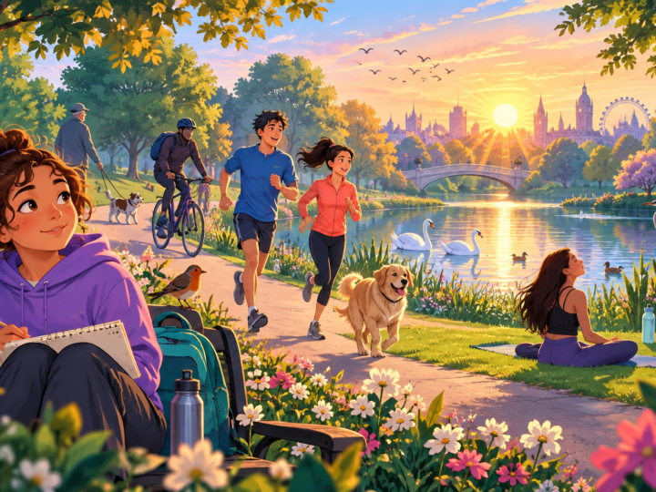 Editorial artwork for “Who uses a park before breakfast?”: respectful group park scene with varied activities.