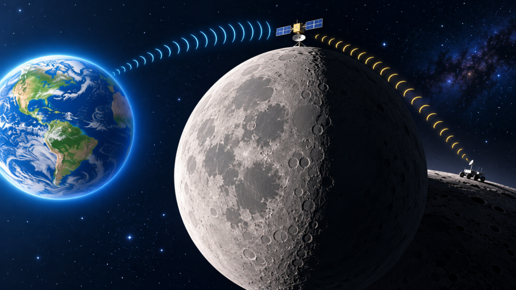 Diagram-style illustration of a lunar rover communicating through a relay satellite