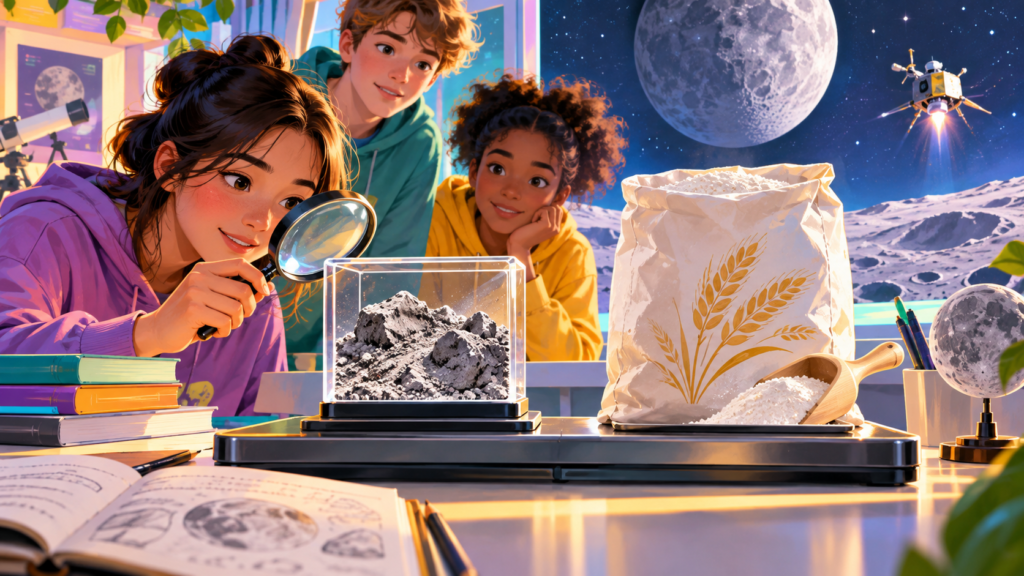 Illustration of a small Moon-rock sample and its container