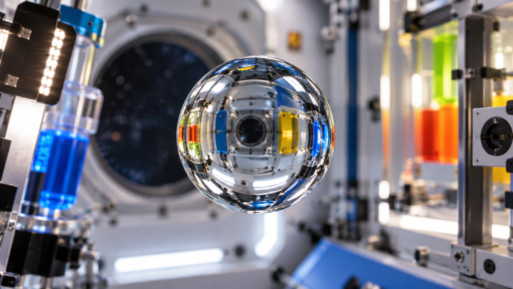 Illustration of a floating sphere of water in a microgravity chamber