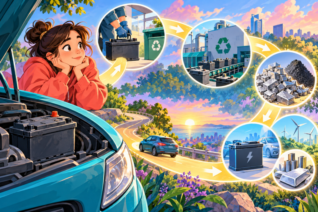 Editorial artwork for “Where does an old car battery go?”: safe life-cycle diagram.