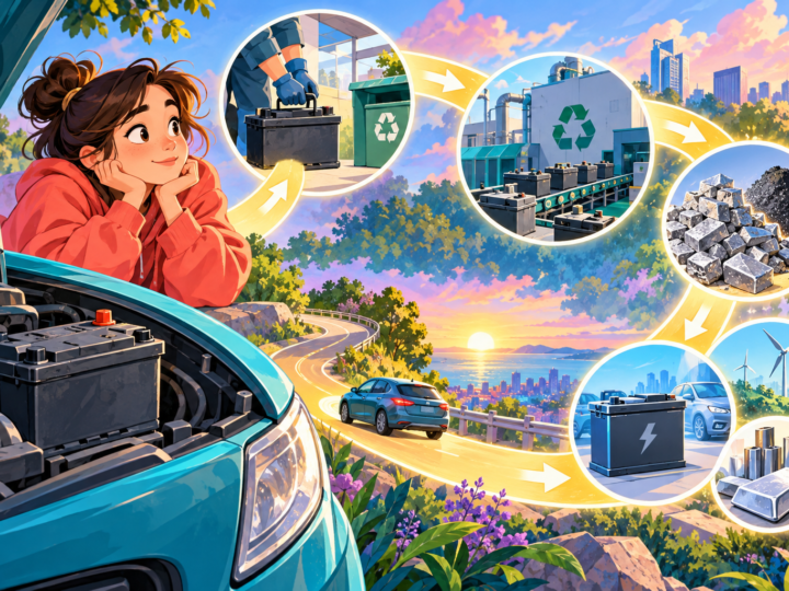 Editorial artwork for “Where does an old car battery go?”: safe life-cycle diagram.