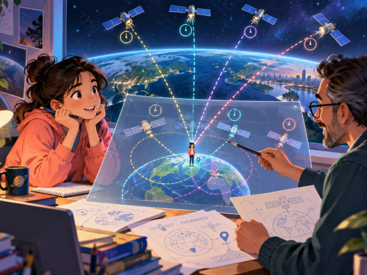 Editorial artwork for “How does your phone find you from space?”: satellite timing diagram, expert review before publication.