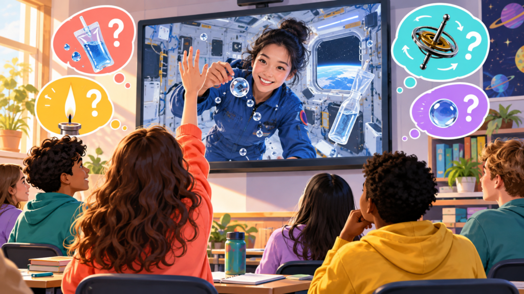 Illustration of pupils watching a space lesson on a screen