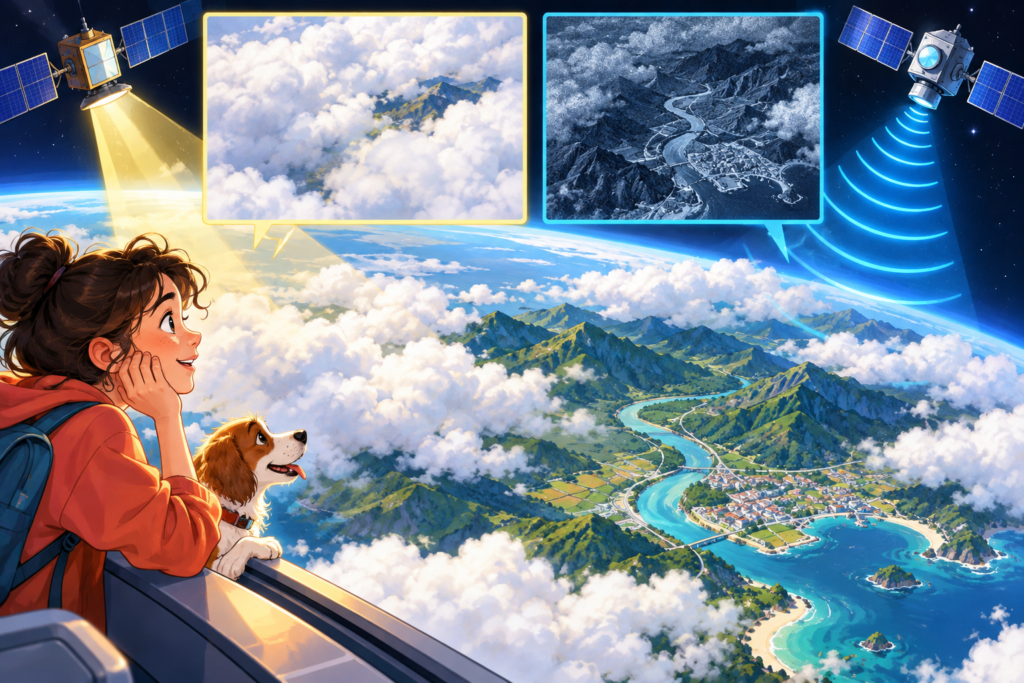 Editorial artwork for “Can a satellite see through clouds?”: visible-light versus radar panel, clearly illustrative and expert-checked.