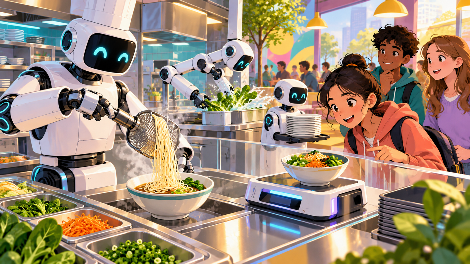 Illustration of a robot-assisted canteen counter
