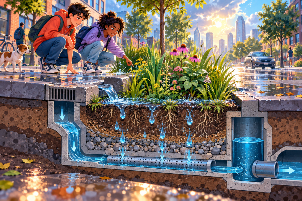 Editorial artwork for “Can a city act like a sponge?”: street cross-section showing rain garden and drains.