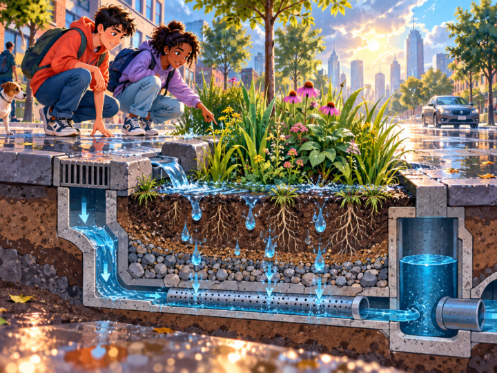 Editorial artwork for “Can a city act like a sponge?”: street cross-section showing rain garden and drains.