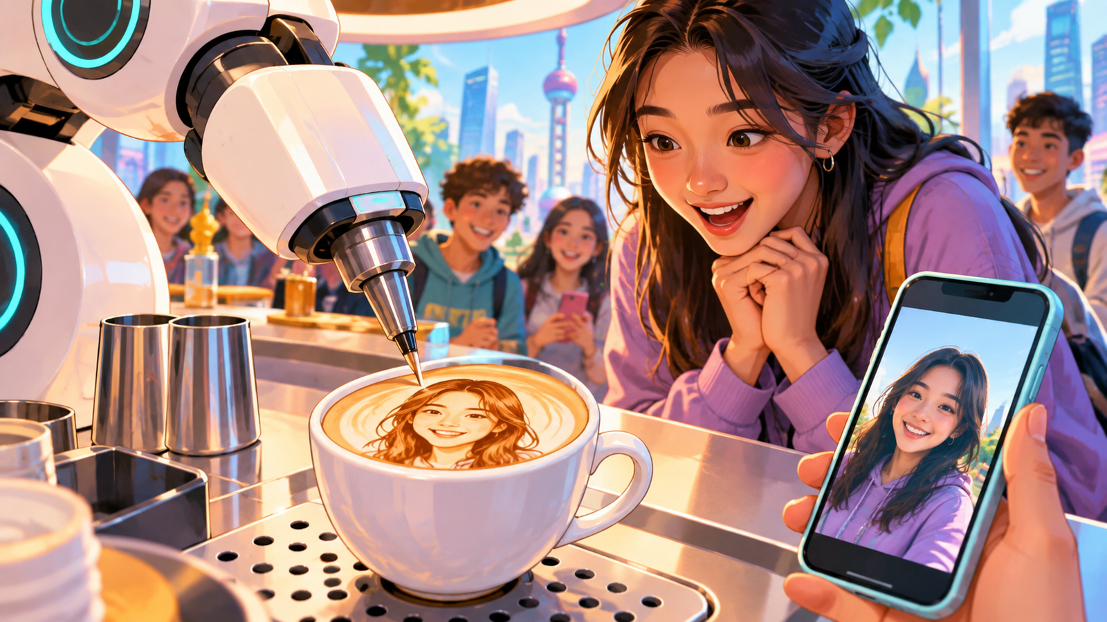 Illustration of a robot making a design on a coffee drink