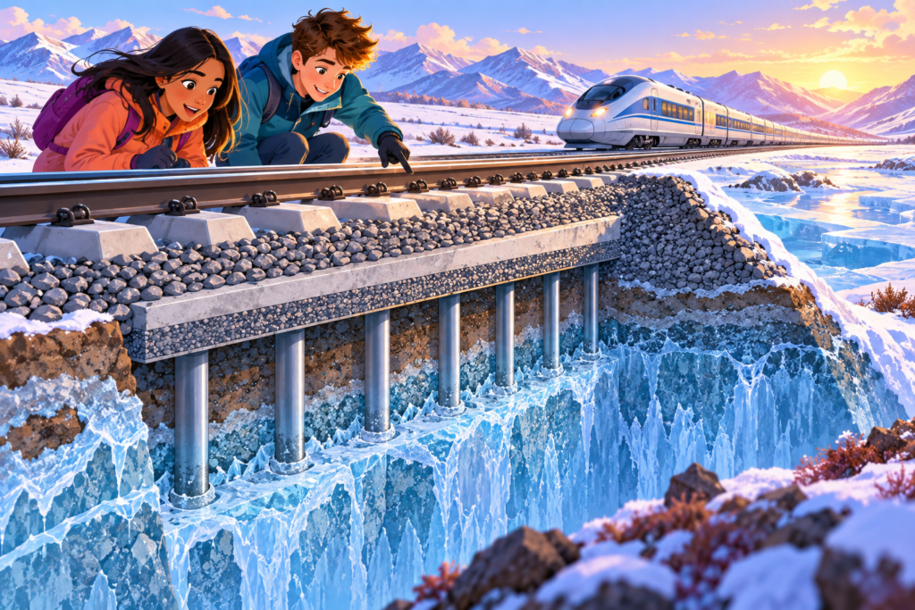Editorial artwork for “Why does a railway care about frozen ground?”: rail-foundation and frozen-ground diagram, expert-reviewed.