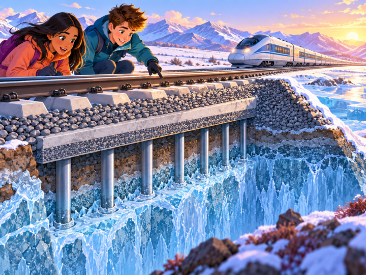 Editorial artwork for “Why does a railway care about frozen ground?”: rail-foundation and frozen-ground diagram, expert-reviewed.