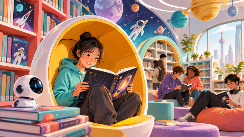 Illustration of a reader inside a futuristic library