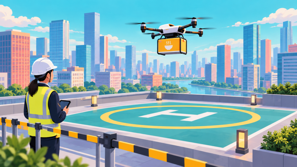 Illustration of a delivery drone approaching an empty landing pad