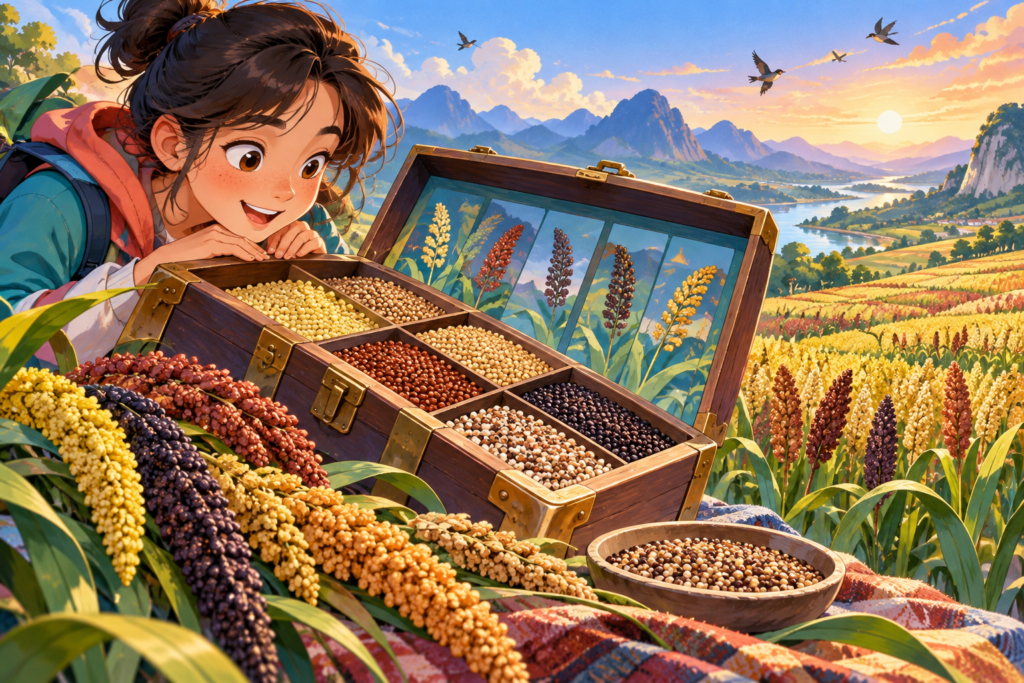 Editorial artwork for “Why save more than one kind of millet?”: varied millet seed and field illustration.
