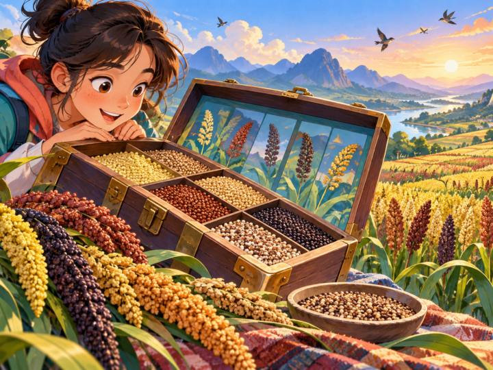 Editorial artwork for “Why save more than one kind of millet?”: varied millet seed and field illustration.