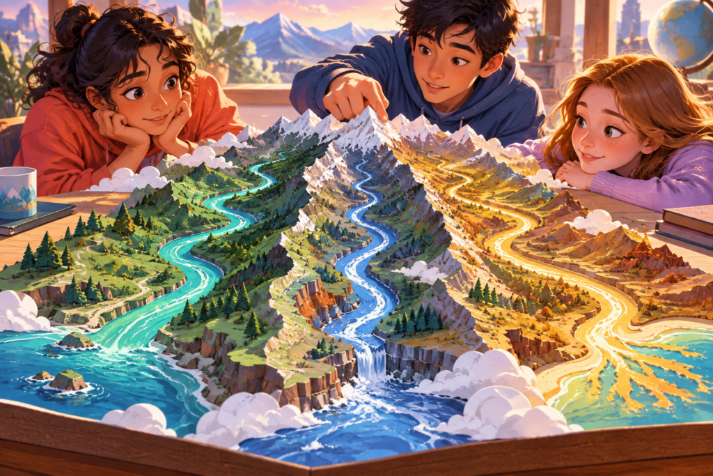 Editorial artwork for “How can three rivers stay apart?”: raised-paper topographic model, schematic rather than navigation map.