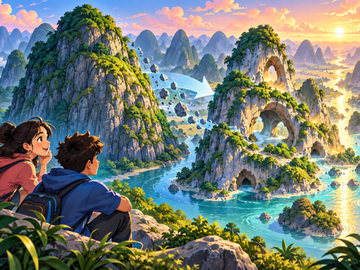Editorial artwork for “What did water take away at Guilin?”: dissolve-and-remain hill diagram.