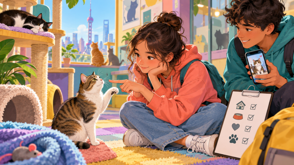 Illustration of teenagers considering a cat adoption checklist