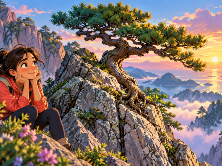 Editorial artwork for “Why do pines cling to the rock?”: rock-and-pine illustration.