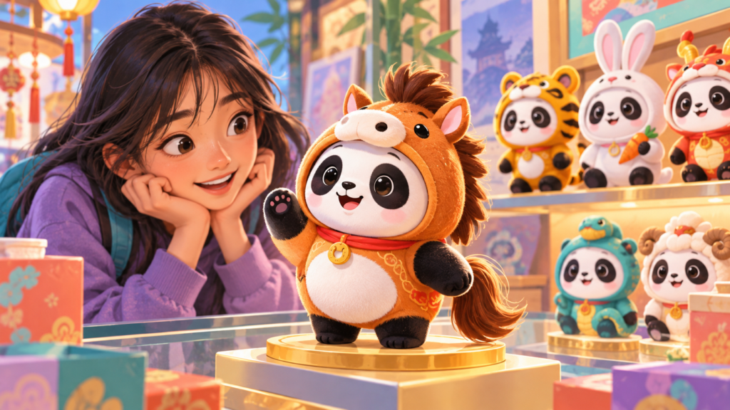 Illustration of a panda mascot wearing a horse costume
