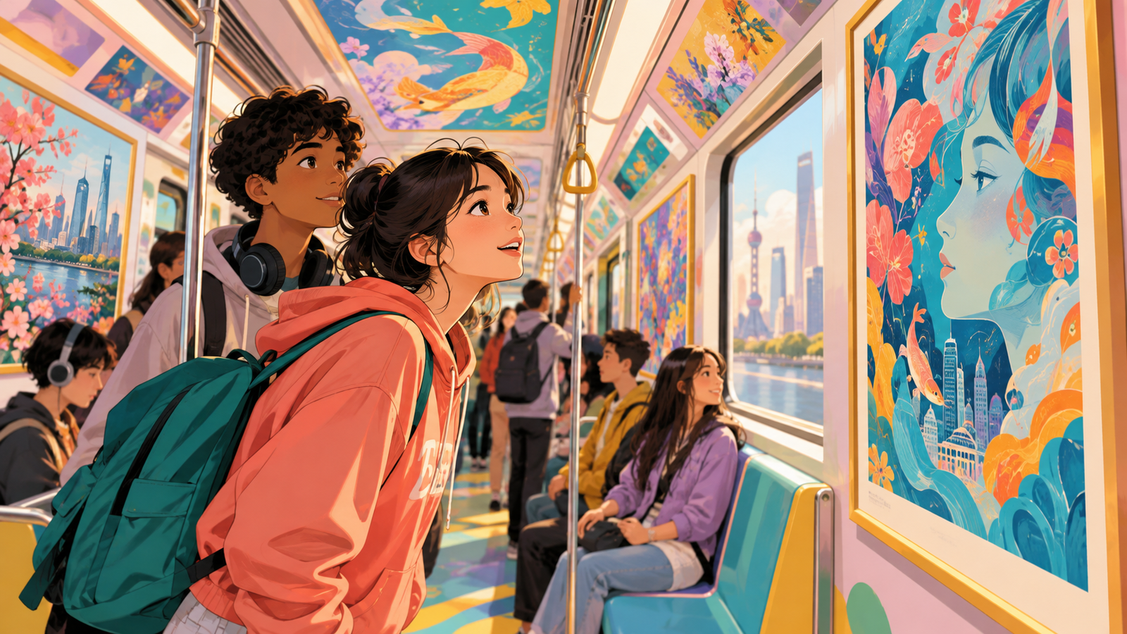 Illustration of art displayed inside a train carriage