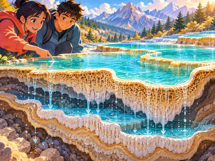 Editorial artwork for “Who built the pools at Huanglong?”: mineral deposition cross-section.