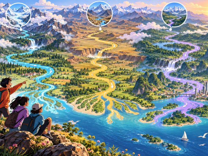 Editorial artwork for “Where do three great rivers begin?”: upstream-to-downstream river map with clear schematic label.