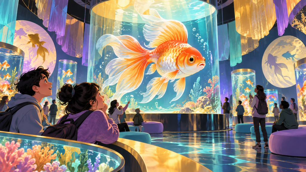 Illustration of goldfish imagery on a theatre stage