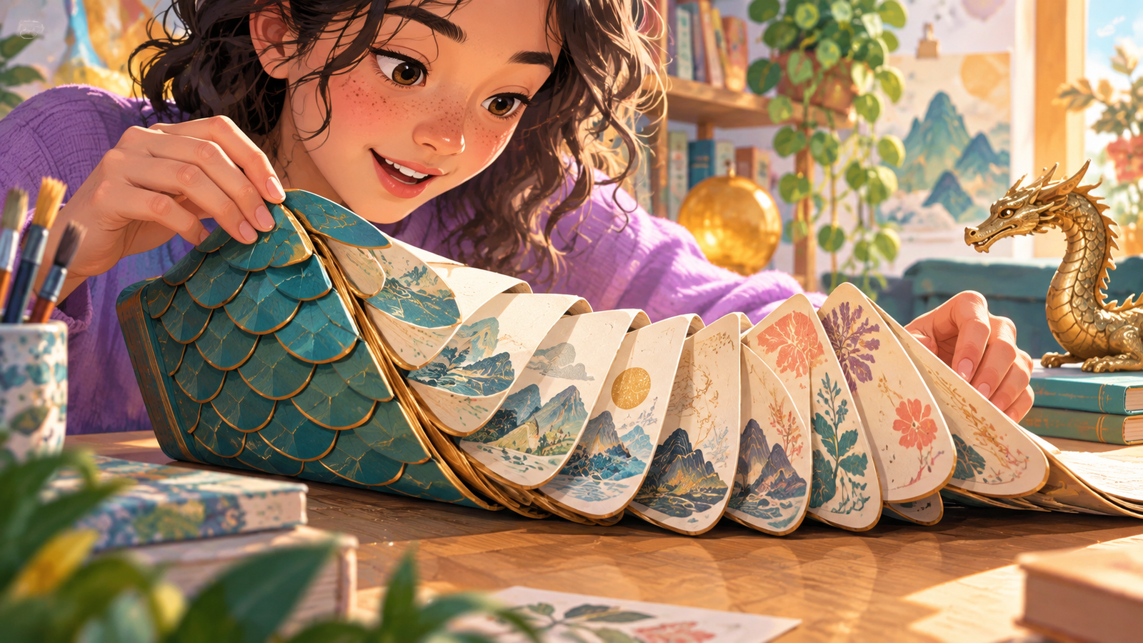 Illustration of a dragon-shaped folding book