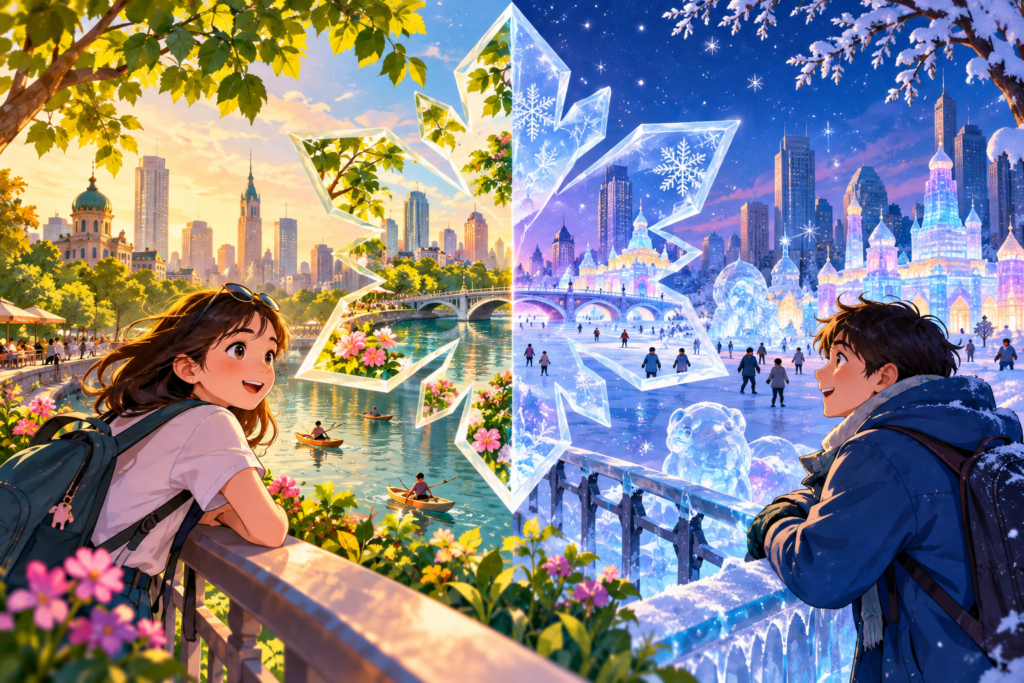 Editorial artwork for “Is Harbin only an ice city?”: split summer/winter city illustration.