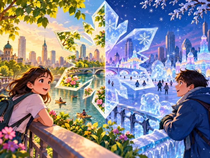 Editorial artwork for “Is Harbin only an ice city?”: split summer/winter city illustration.