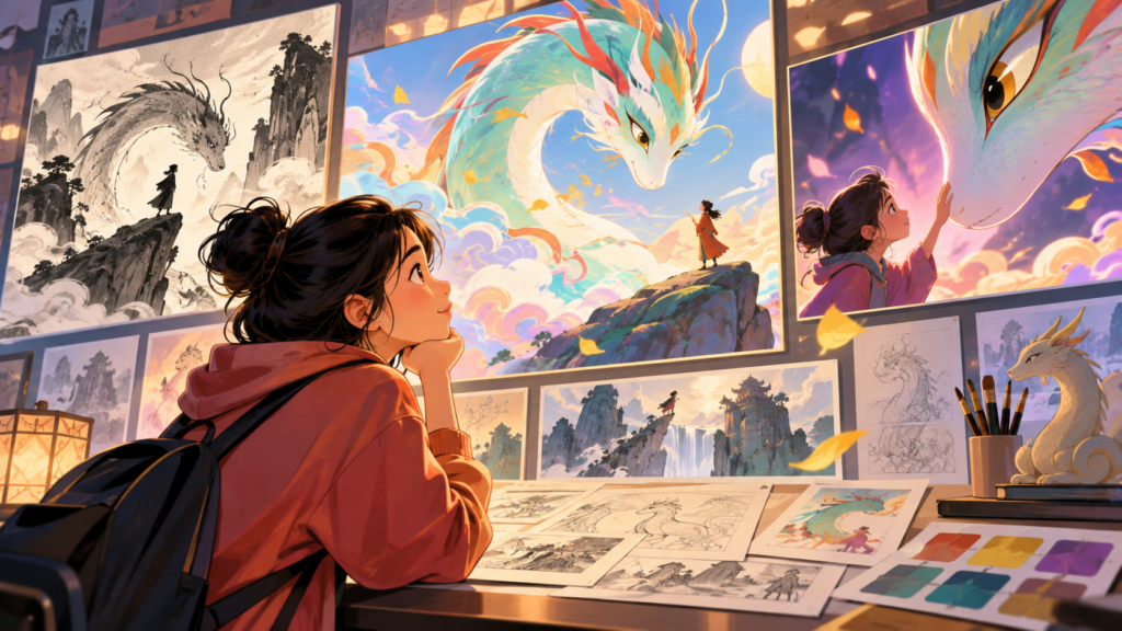 Illustration of a folktale being turned into animation frames