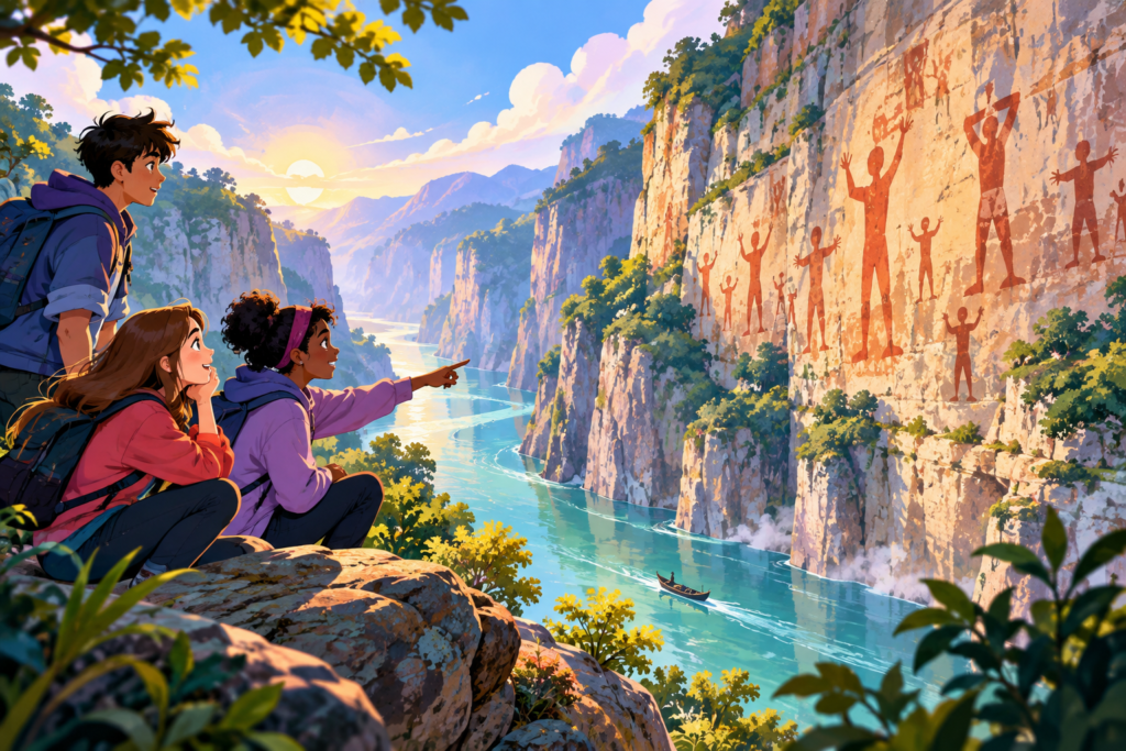 Editorial artwork for “Why are there red figures on a cliff?”: schematic cliff and river.