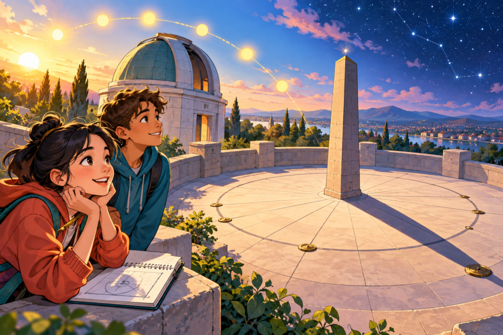 Editorial artwork for “Can a building measure the sky?”: shadow-and-observatory diagram, expert-reviewed.