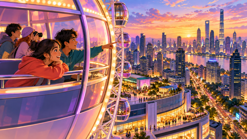 Illustration of a rooftop Ferris wheel above a city