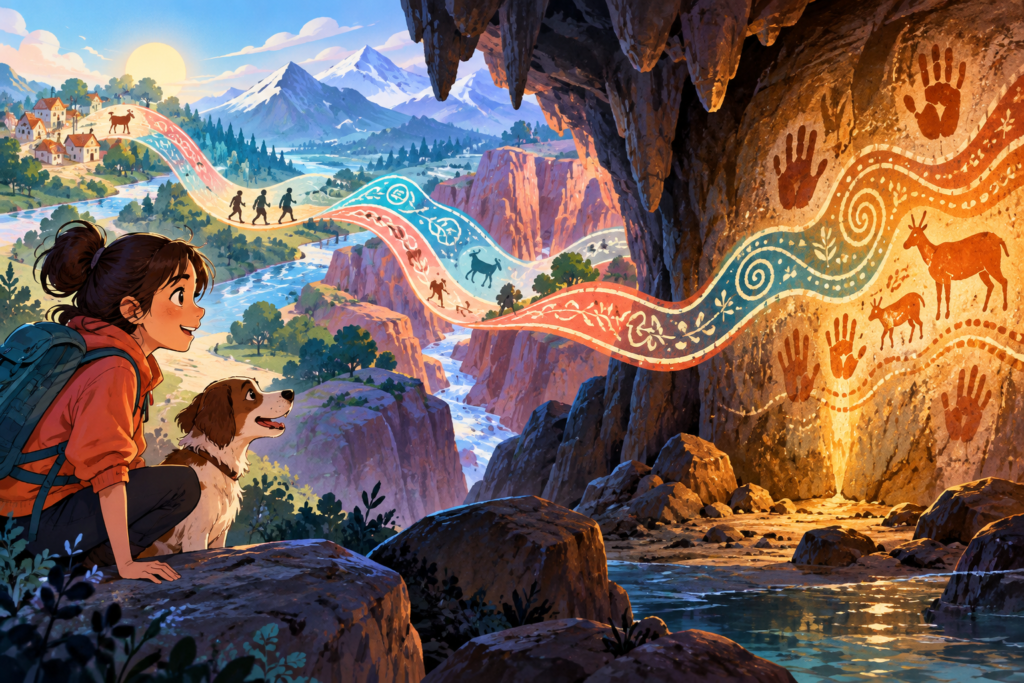 Editorial artwork for “How does a style travel to a cave?”: abstract cave and travelling-pattern diagram.