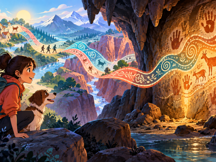 Editorial artwork for “How does a style travel to a cave?”: abstract cave and travelling-pattern diagram.