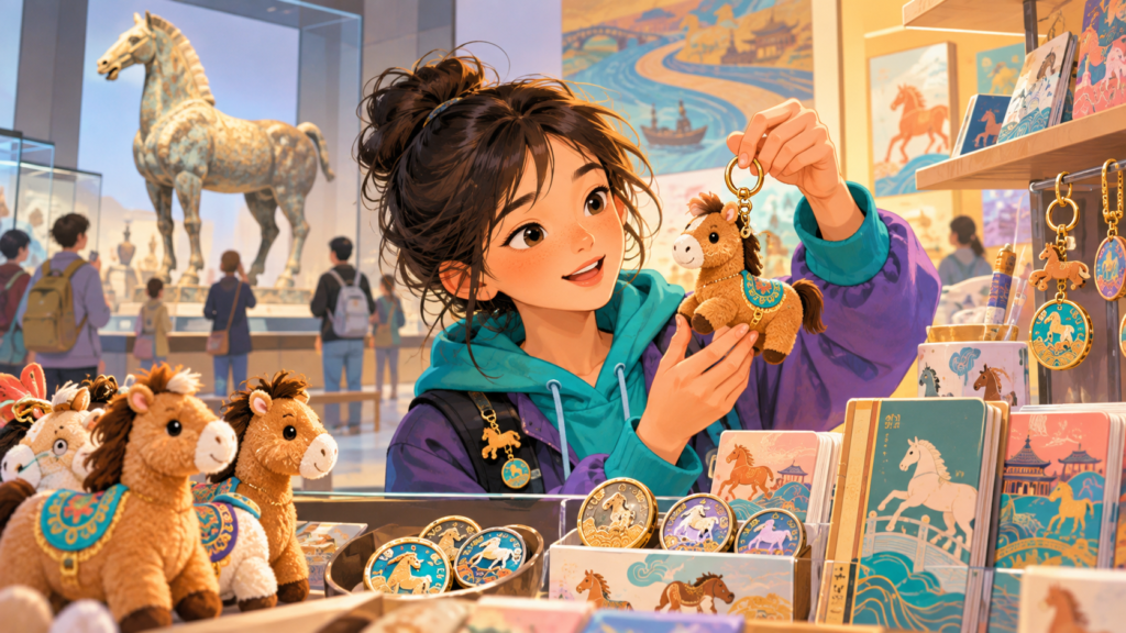 Illustration of a visitor holding a plush toy in a museum shop