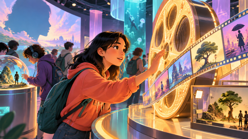 Illustration of a visitor interacting with a film exhibition