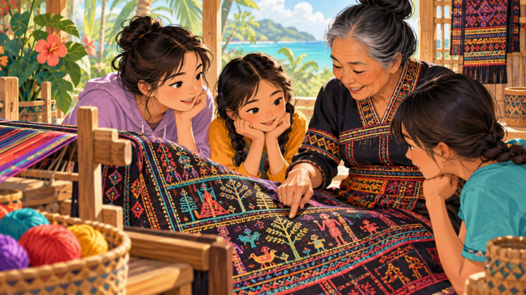 Illustration of patterned cloth and a maker's hands