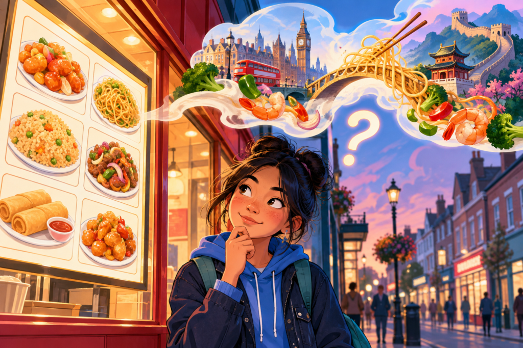 Editorial artwork for “Is a British Chinese takeaway Chinese?”: British high-street menu scene.