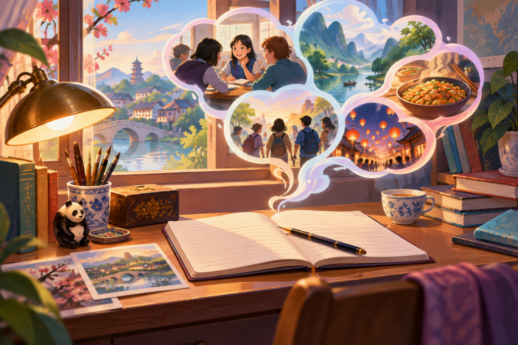 Editorial artwork for “What did Chinese students write home about?”: anonymous period study desk.
