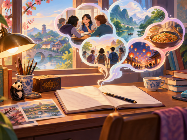 Editorial artwork for “What did Chinese students write home about?”: anonymous period study desk.