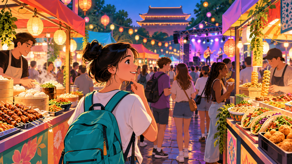 Illustration of food stalls at a Beijing night market