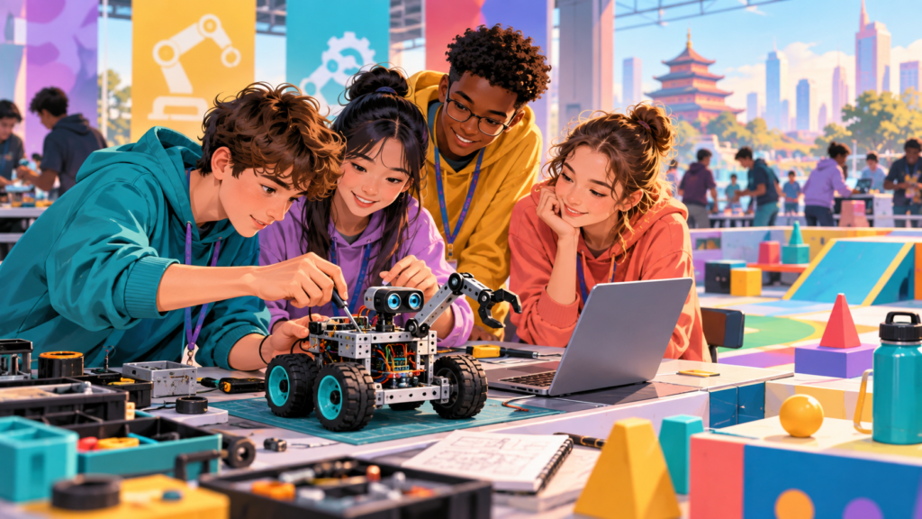 Illustration of teenagers working together on a small robot