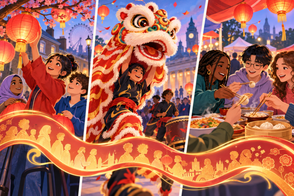 Editorial artwork for “Who makes Lunar New Year in Britain?”: three-panel community celebration.