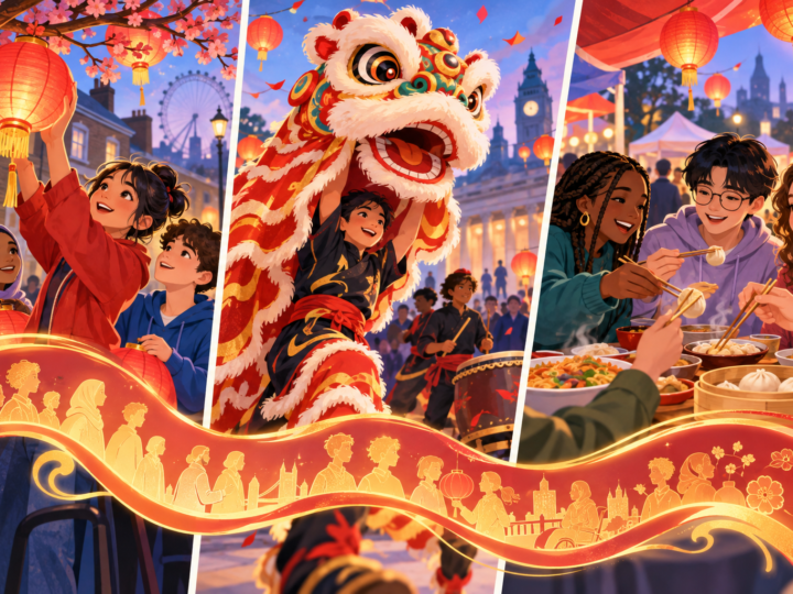 Editorial artwork for “Who makes Lunar New Year in Britain?”: three-panel community celebration.