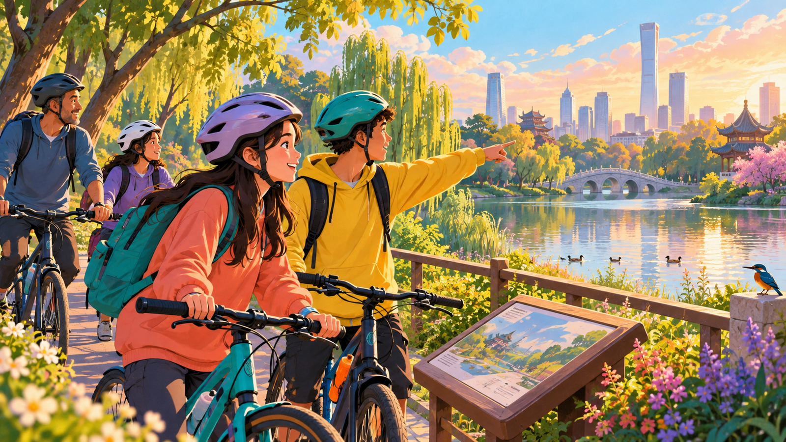 Illustration of young cyclists on a city park route